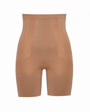 Spanx OnCore High-Waisted Mid-Thigh Shorts Cafe Au Lait | 586902SZR