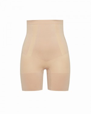 Spanx OnCore High-Waisted Mid-Thigh Shorts Beige | 714280BDH