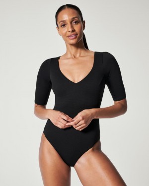 Spanx Pique Shaping Plunge Korta Sleeve One Piece Badkläder Svarta | 170396ROQ