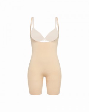 Spanx Power Open-Bust Mid-Thigh Body Beige | 593642BIY