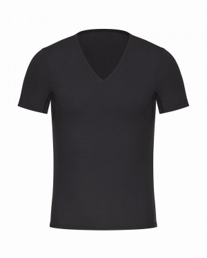 Spanx Sculpt Bomull V-Neck T-shirt Svarta | 672814IJD