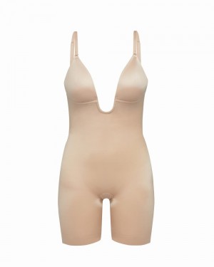 Spanx Suit Your Fancy Plunge Low-Back Mid-Thigh Body Beige | 126438GTN