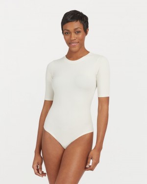 Spanx Suit Yourself Räfflad Crew Neck Korta Sleeve Body Vita | 102643UEQ